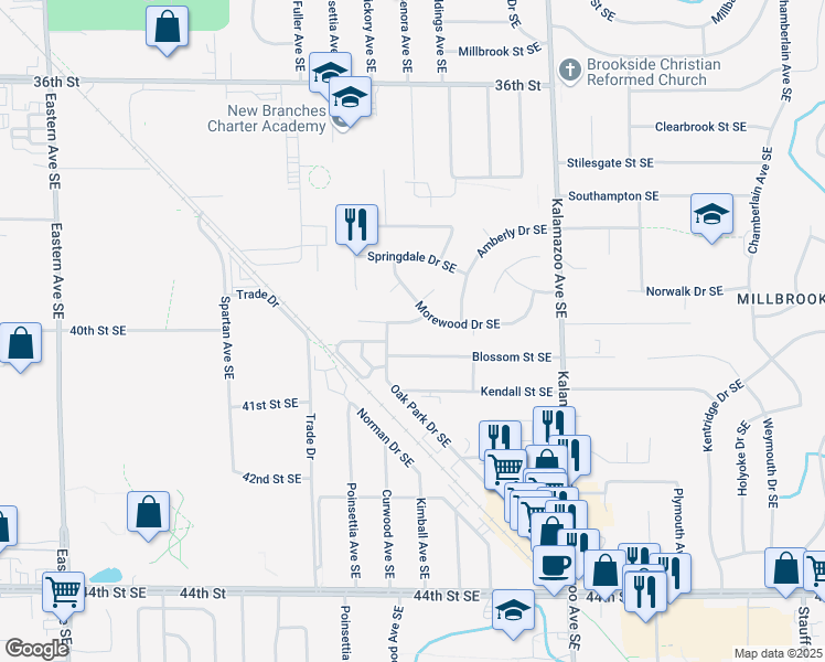 map of restaurants, bars, coffee shops, grocery stores, and more near 1344 Richwood Drive Southeast in Grand Rapids