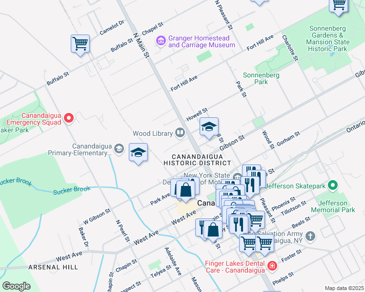 map of restaurants, bars, coffee shops, grocery stores, and more near 120 North Main Street in Canandaigua