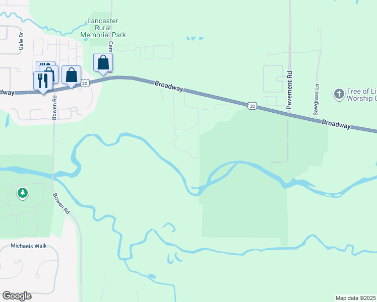 map of restaurants, bars, coffee shops, grocery stores, and more near 5949 Broadway in Lancaster