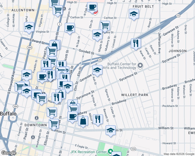map of restaurants, bars, coffee shops, grocery stores, and more near 115 Ash Street in Buffalo