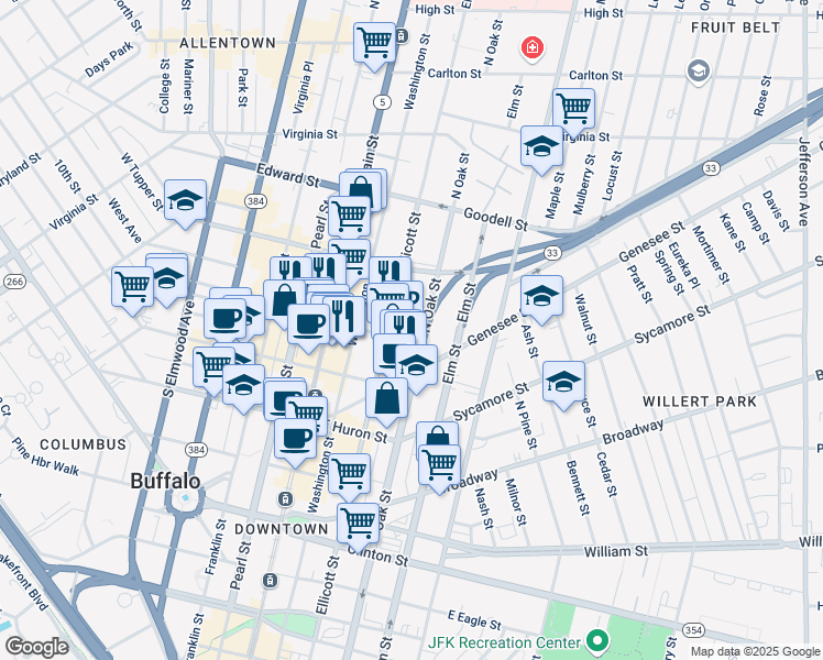 map of restaurants, bars, coffee shops, grocery stores, and more near 465 Ellicott Street in Buffalo