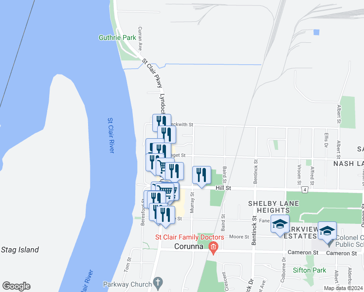 map of restaurants, bars, coffee shops, grocery stores, and more near 204 Paget Street in Corunna