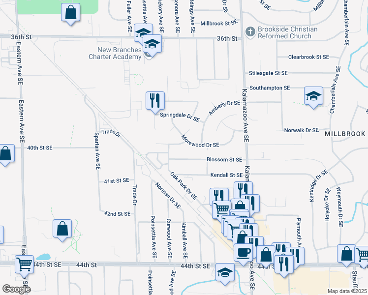 map of restaurants, bars, coffee shops, grocery stores, and more near 1344 Richwood Drive Southeast in Grand Rapids
