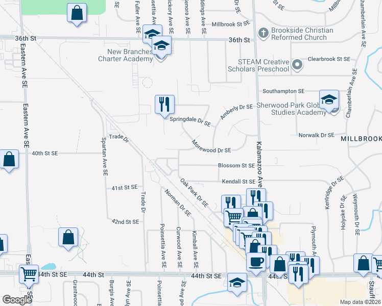 map of restaurants, bars, coffee shops, grocery stores, and more near 1344 Richwood Drive Southeast in Grand Rapids