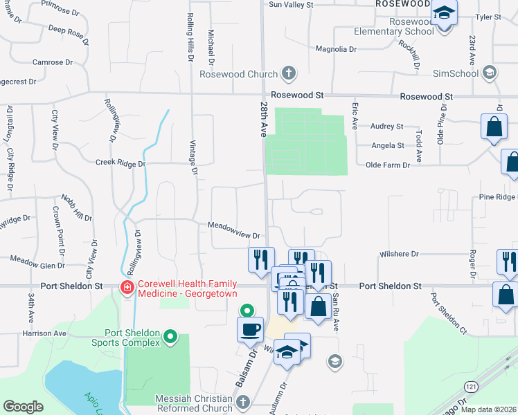 map of restaurants, bars, coffee shops, grocery stores, and more near 6703 28th Avenue in Hudsonville