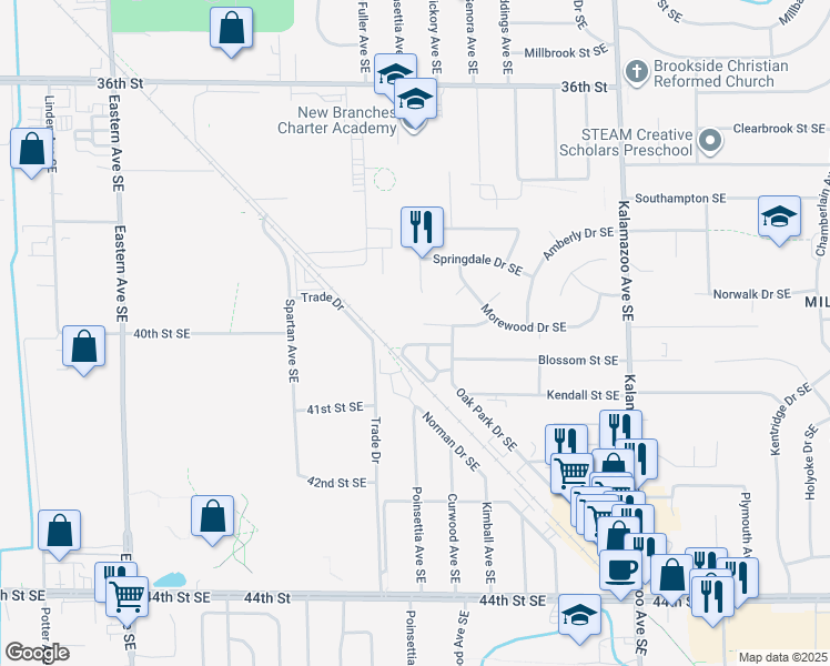 map of restaurants, bars, coffee shops, grocery stores, and more near 1208 Richwood Drive Southeast in Grand Rapids