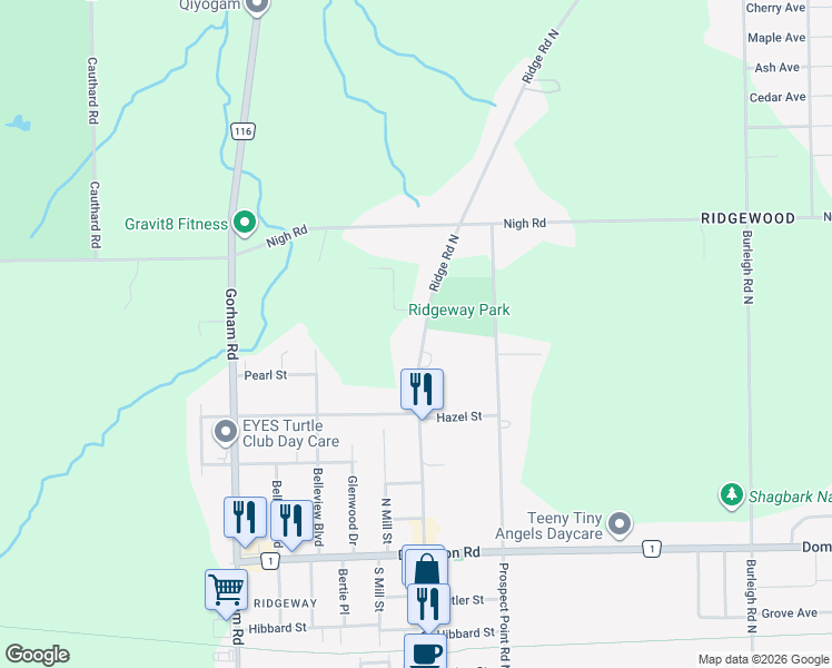 map of restaurants, bars, coffee shops, grocery stores, and more near 605 Ridge Road North in Fort Erie