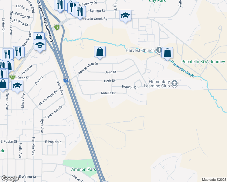 map of restaurants, bars, coffee shops, grocery stores, and more near 896 Lucille Avenue in Pocatello