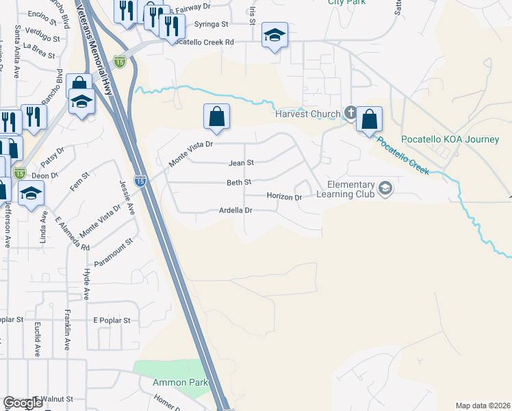 map of restaurants, bars, coffee shops, grocery stores, and more near 896 Lucille Avenue in Pocatello