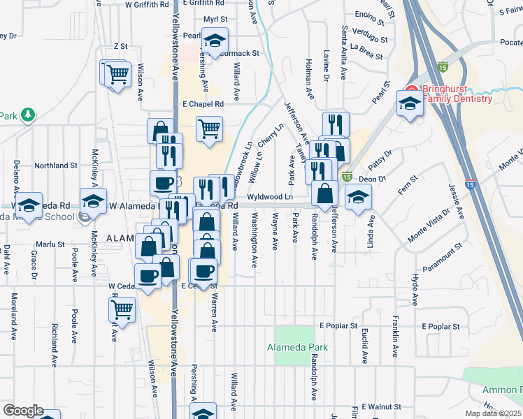 map of restaurants, bars, coffee shops, grocery stores, and more near 525 East Alameda Road in Pocatello