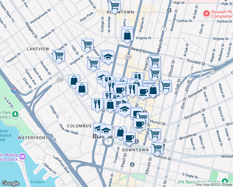 map of restaurants, bars, coffee shops, grocery stores, and more near 250 Delaware Avenue in Buffalo