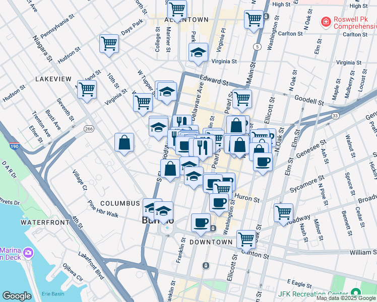 map of restaurants, bars, coffee shops, grocery stores, and more near 83 West Chippewa Street in Buffalo