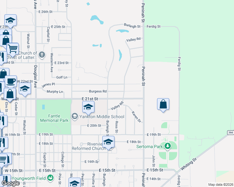 map of restaurants, bars, coffee shops, grocery stores, and more near 706 East 21st Street in Yankton