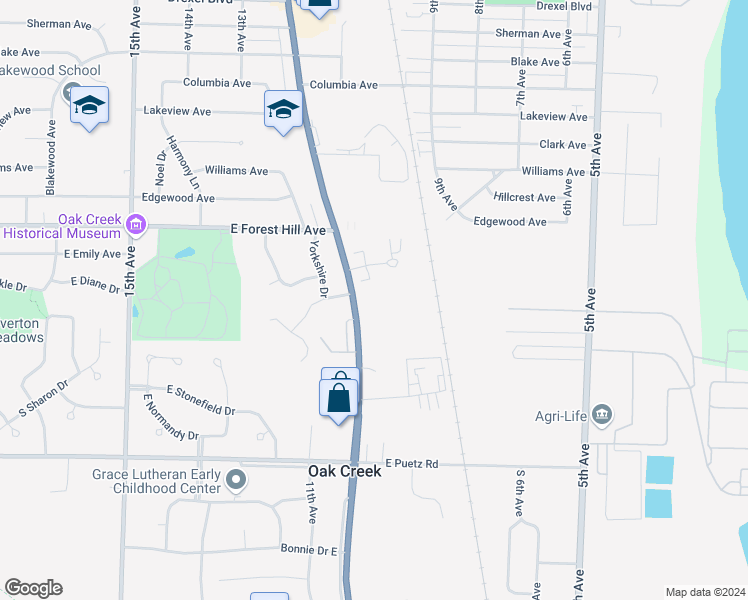 map of restaurants, bars, coffee shops, grocery stores, and more near 8396 South Chicago Road in Oak Creek