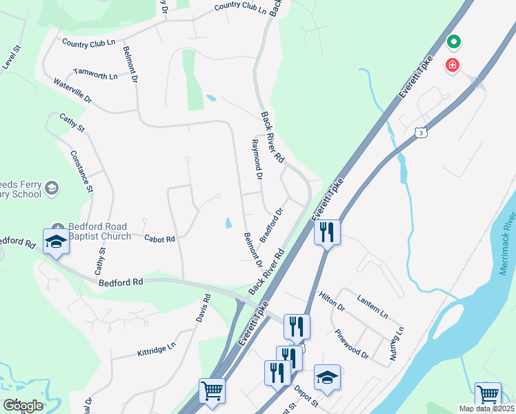 map of restaurants, bars, coffee shops, grocery stores, and more near 4 Raymond Drive in Merrimack