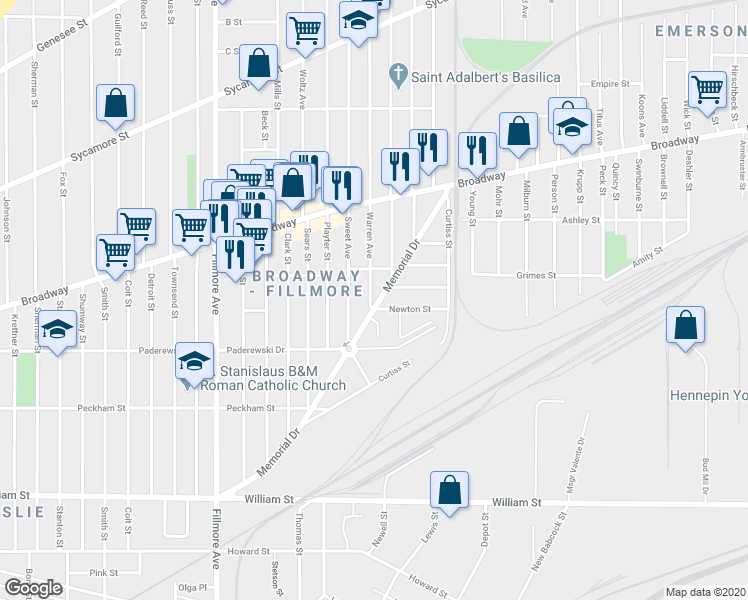 map of restaurants, bars, coffee shops, grocery stores, and more near 11 Warren Avenue in Buffalo