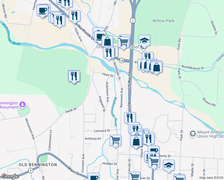 map of restaurants, bars, coffee shops, grocery stores, and more near 16 Robinson Avenue in Bennington