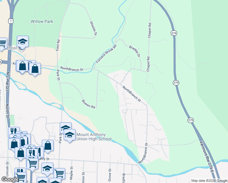 map of restaurants, bars, coffee shops, grocery stores, and more near 51 Mountain View Road in Bennington County