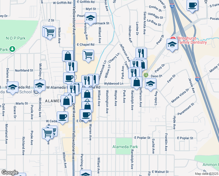 map of restaurants, bars, coffee shops, grocery stores, and more near 864 Washington Avenue in Pocatello