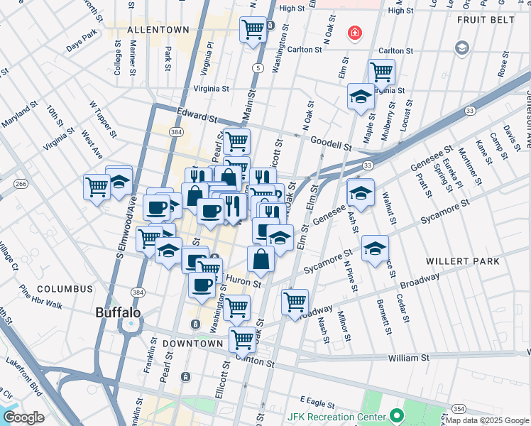 map of restaurants, bars, coffee shops, grocery stores, and more near 465 Ellicott Street in Buffalo