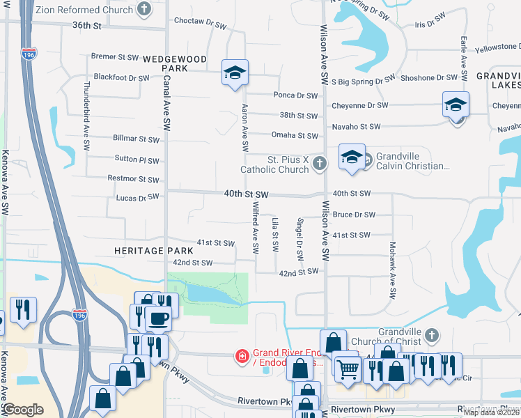 map of restaurants, bars, coffee shops, grocery stores, and more near 4041 Wilfred Avenue Southwest in Grandville