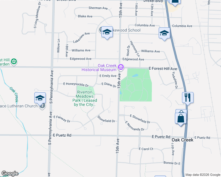 map of restaurants, bars, coffee shops, grocery stores, and more near 8441 15th Avenue in Oak Creek
