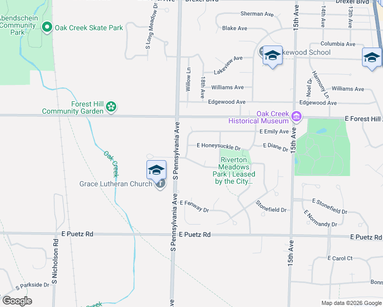 map of restaurants, bars, coffee shops, grocery stores, and more near 2510 Farmington Lane in Oak Creek