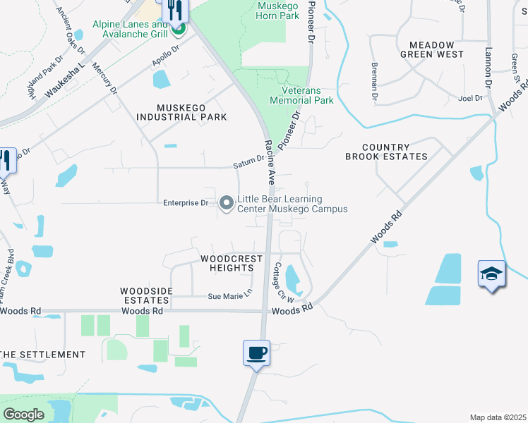 map of restaurants, bars, coffee shops, grocery stores, and more near W182S8471 Racine Avenue in Muskego