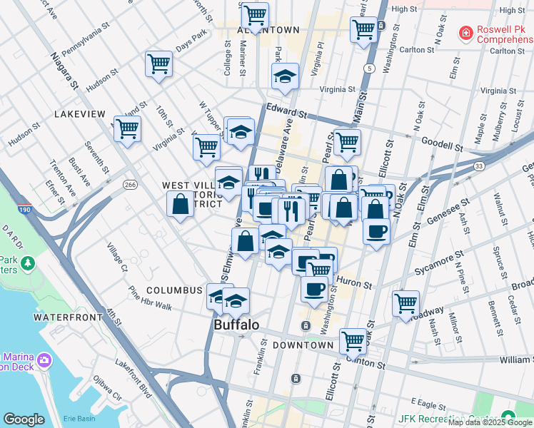 map of restaurants, bars, coffee shops, grocery stores, and more near 250 Delaware Avenue in Buffalo