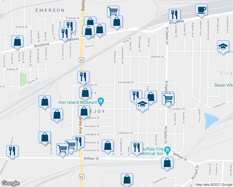 map of restaurants, bars, coffee shops, grocery stores, and more near 233 Greene Street in Buffalo