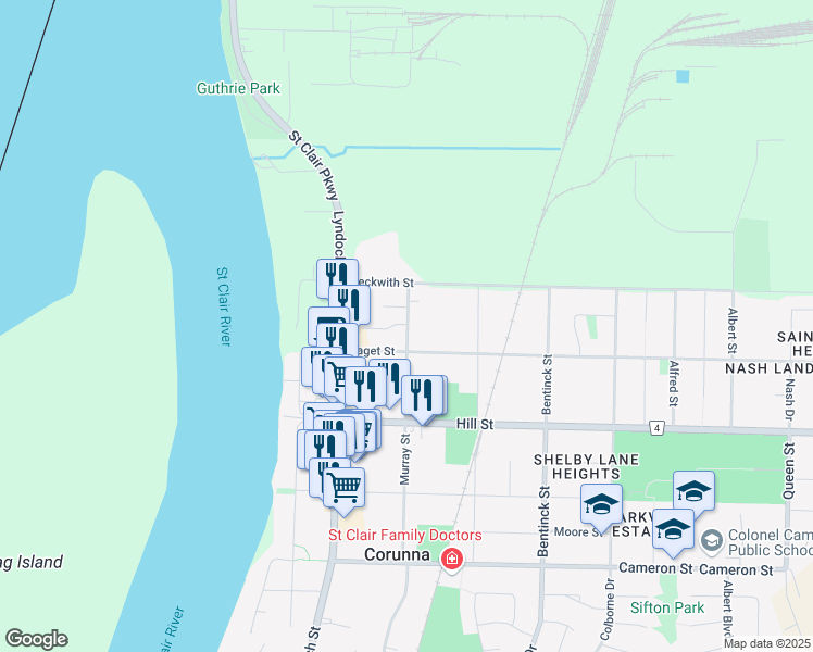 map of restaurants, bars, coffee shops, grocery stores, and more near 351 Murray Street in Lambton County