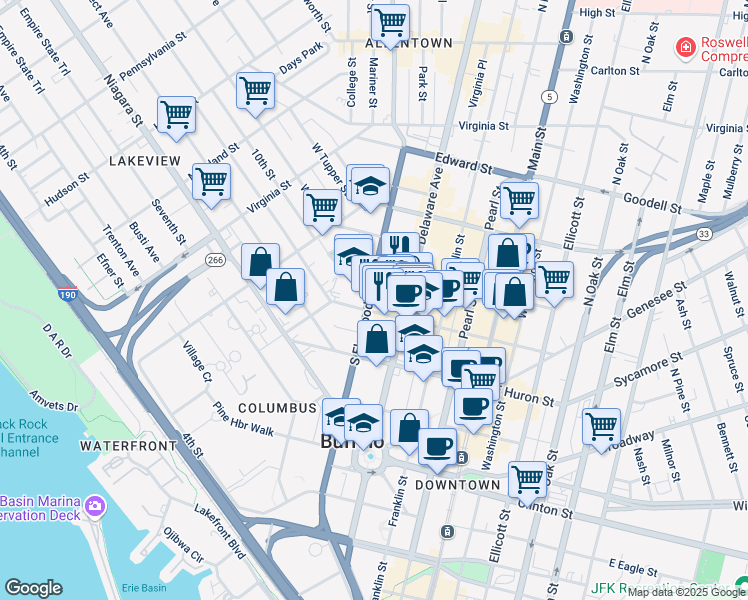 map of restaurants, bars, coffee shops, grocery stores, and more near 250 Delaware Avenue in Buffalo