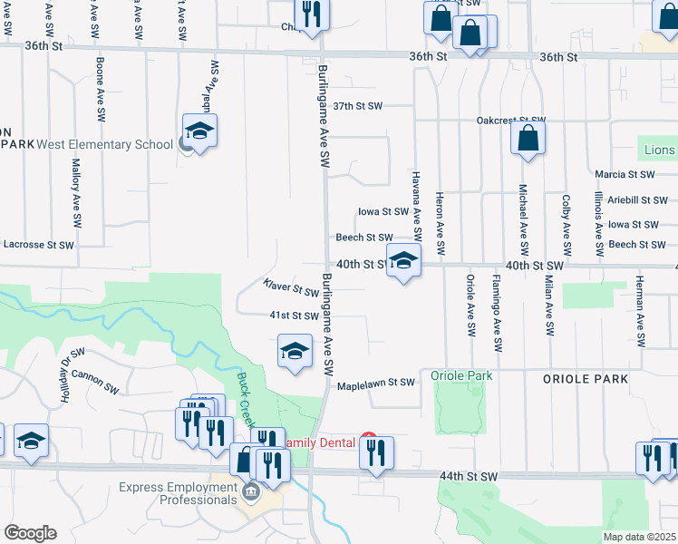 map of restaurants, bars, coffee shops, grocery stores, and more near 1577 Floyd Street Southwest in Wyoming