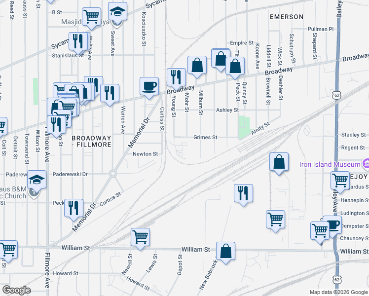 map of restaurants, bars, coffee shops, grocery stores, and more near 9 Grimes Street in Buffalo