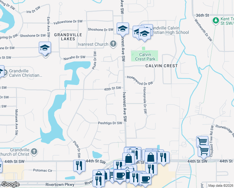 map of restaurants, bars, coffee shops, grocery stores, and more near 4066 Grandview Terrace Southwest in Grandville