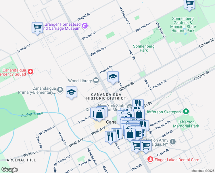 map of restaurants, bars, coffee shops, grocery stores, and more near 95 North Main Street in Canandaigua