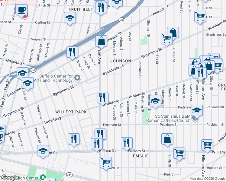 map of restaurants, bars, coffee shops, grocery stores, and more near 388 Monroe Street in Buffalo