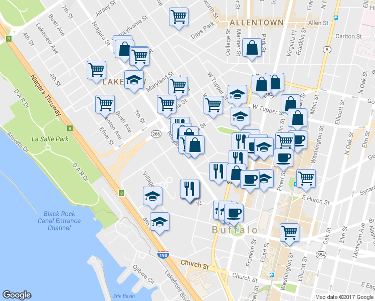 map of restaurants, bars, coffee shops, grocery stores, and more near 231 Niagara Street in Buffalo