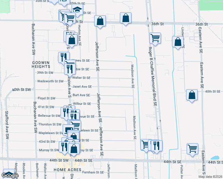 map of restaurants, bars, coffee shops, grocery stores, and more near 247 Burt Avenue Southeast in Grand Rapids