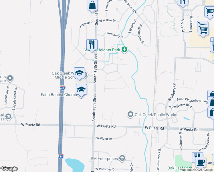 map of restaurants, bars, coffee shops, grocery stores, and more near 1152 West Sunrise Pass in Oak Creek