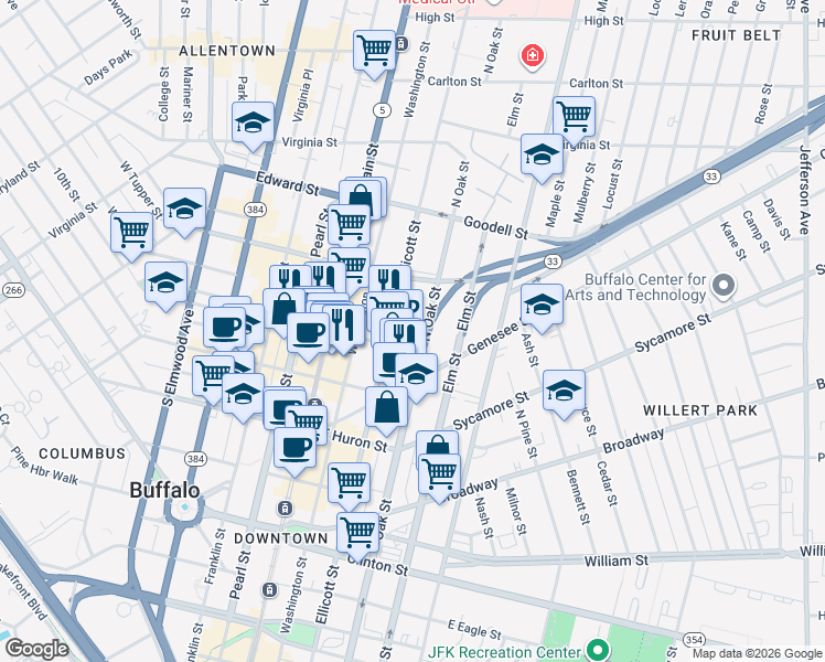 map of restaurants, bars, coffee shops, grocery stores, and more near 489 Ellicott Street in Buffalo
