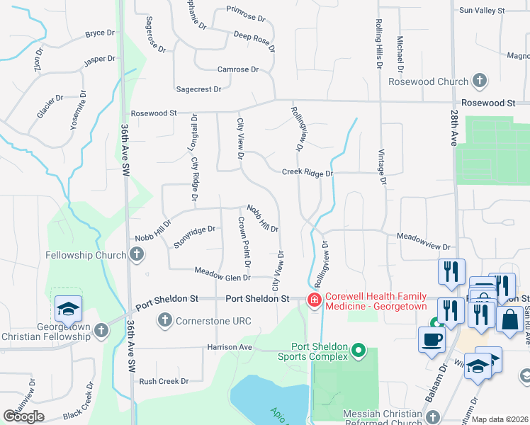 map of restaurants, bars, coffee shops, grocery stores, and more near 3245 Nobb Hill Drive in Hudsonville