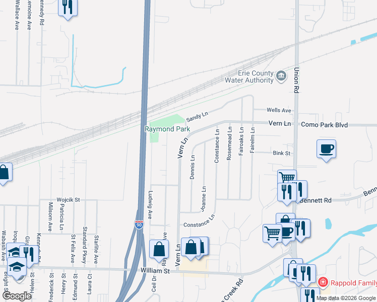 map of restaurants, bars, coffee shops, grocery stores, and more near 41 Dennis Lane in Buffalo