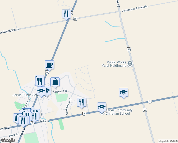 map of restaurants, bars, coffee shops, grocery stores, and more near 50 Craddock Boulevard in Jarvis