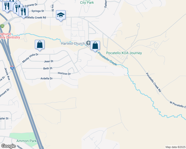 map of restaurants, bars, coffee shops, grocery stores, and more near 2387 Gail Drive in Pocatello
