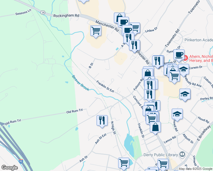 map of restaurants, bars, coffee shops, grocery stores, and more near 120 Franklin Street Extension in Derry