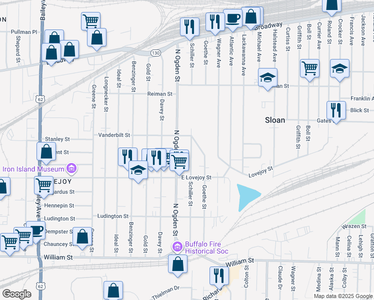 map of restaurants, bars, coffee shops, grocery stores, and more near 219 Schiller Street in Buffalo