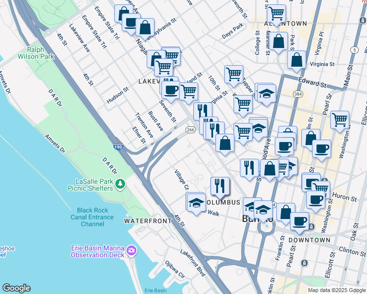 map of restaurants, bars, coffee shops, grocery stores, and more near 170 7th Street in Buffalo