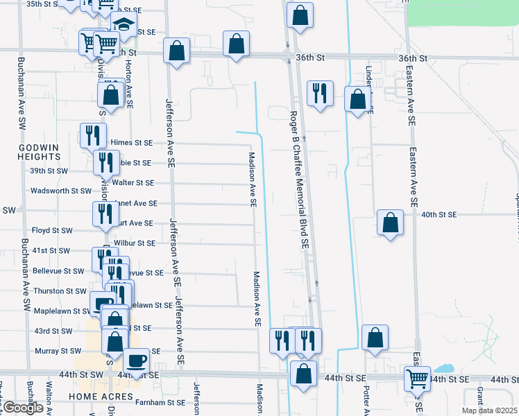 map of restaurants, bars, coffee shops, grocery stores, and more near 4015 Madison Avenue Southeast in Wyoming