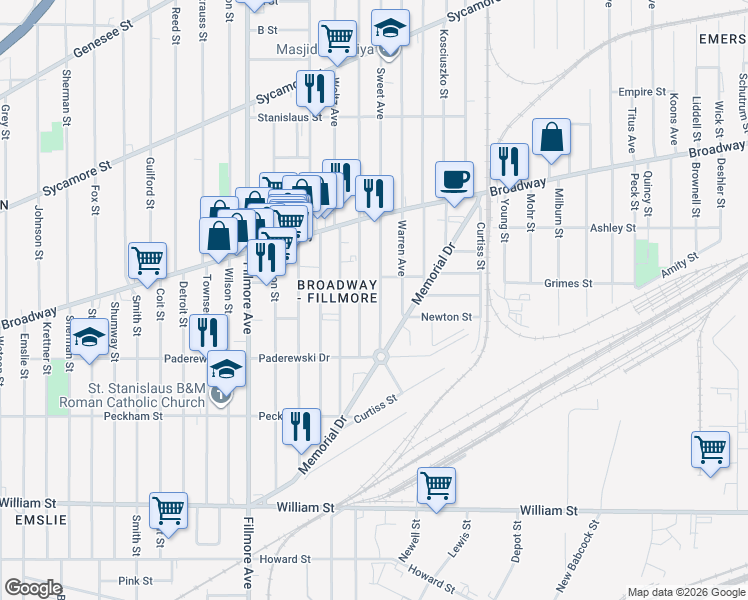 map of restaurants, bars, coffee shops, grocery stores, and more near 48 Sweet Avenue in Buffalo